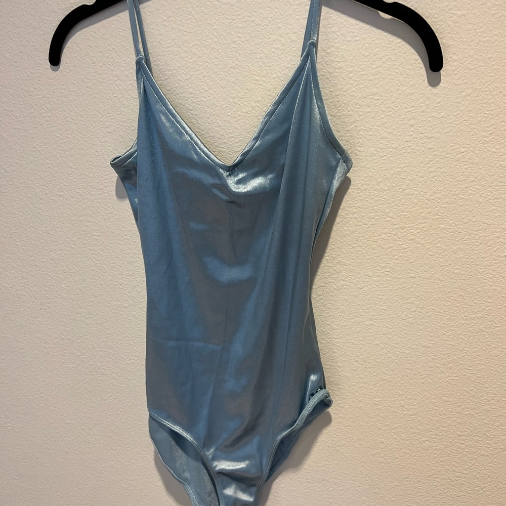 blue shiny top shop body suit